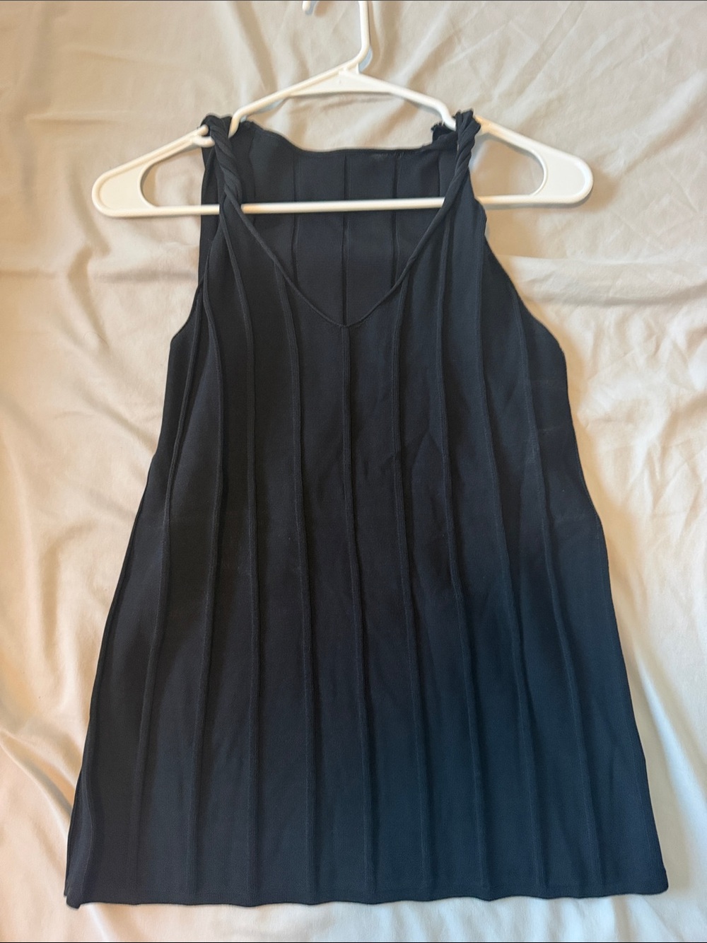 Black Pleated Tank Top with Knotted Straps